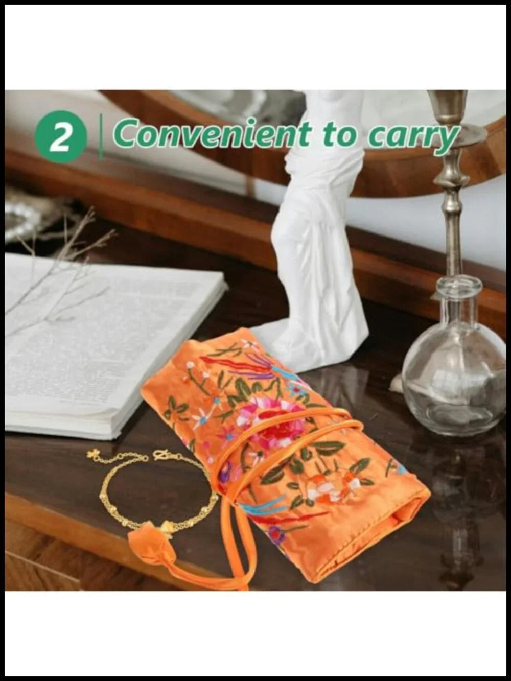 Handmade Embroidered Jewelry Roll Bag Travel Organizer with Zipper Pocket Silk